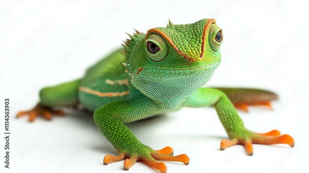 Fototapeta premium Vibrant green lizard with striking orange markings against a white background, showcasing its textured skin and sharp eyes.