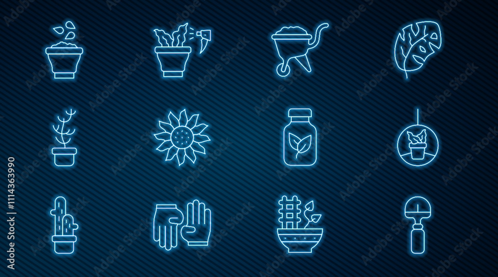Set line Shovel, Plant in hanging pot, Wheelbarrow with dirt, Flower, Exotic tropical plant, Seeds bowl, Fertilizer bottle and Spraying icon. Vector Set line Shovel, Plant in hanging pot, Wheelbarrow with dirt, Flower, Exotic tropical plant, Seeds bowl, Fertilizer bottle and Spraying icon. Vector