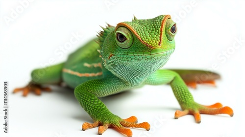 Vibrant green lizard with striking orange markings against a white background, showcasing its textured skin and sharp eyes.