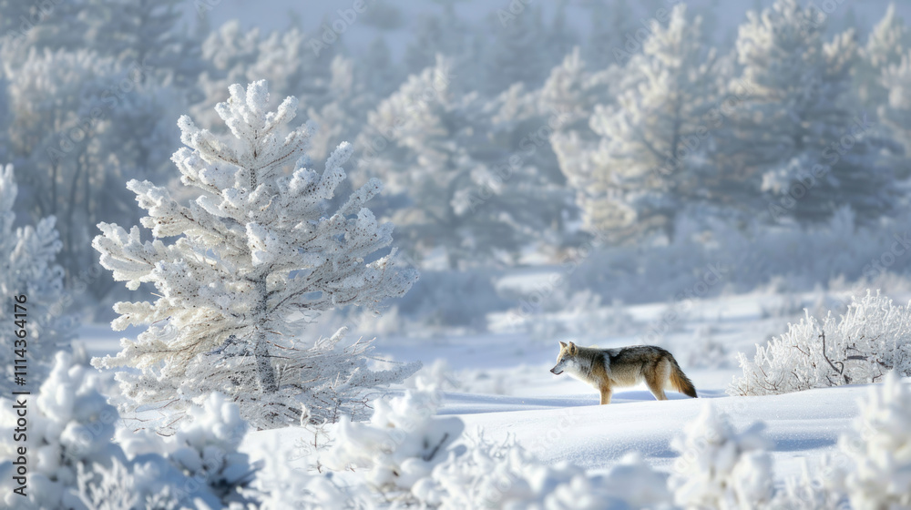 Snow-covered landscape with a lone wolf in the distance, blending into the winter scene Snow-covered landscape with a lone wolf in the distance, blending into the winter scene