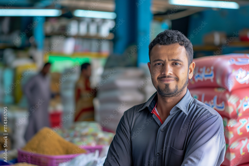 Portrait of a Yemen volunteer helping in an NGO, in the background a help center with a food bank with more volunteers working. Portrait of a Yemen volunteer helping in an NGO, in the background a help center with a food bank with more volunteers working.