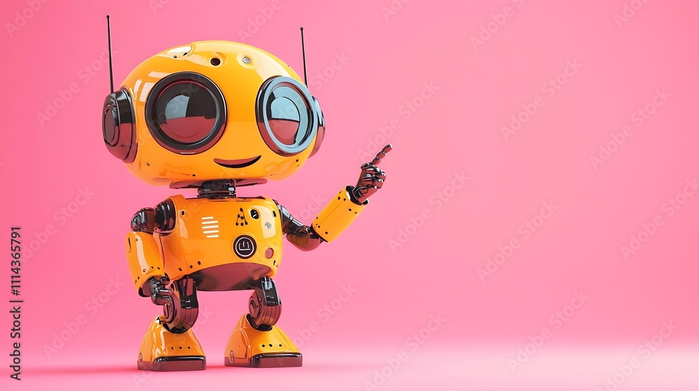Fototapeta premium Tiny Orange Robot with Round Eyes and Joyful Expression Pointing to Bottom-Right, Gradient Soft Pink Background for Playful Marketing