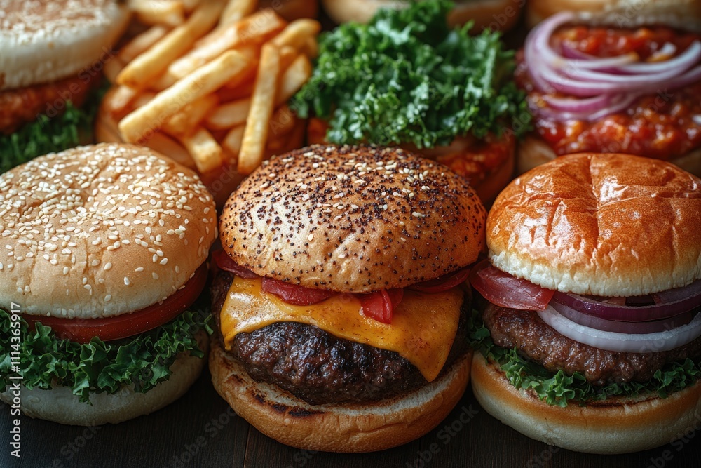 A plate of juicy hamburgers and crispy french fries, perfect for a casual meal or party snack A plate of juicy hamburgers and crispy french fries, perfect for a casual meal or party snack