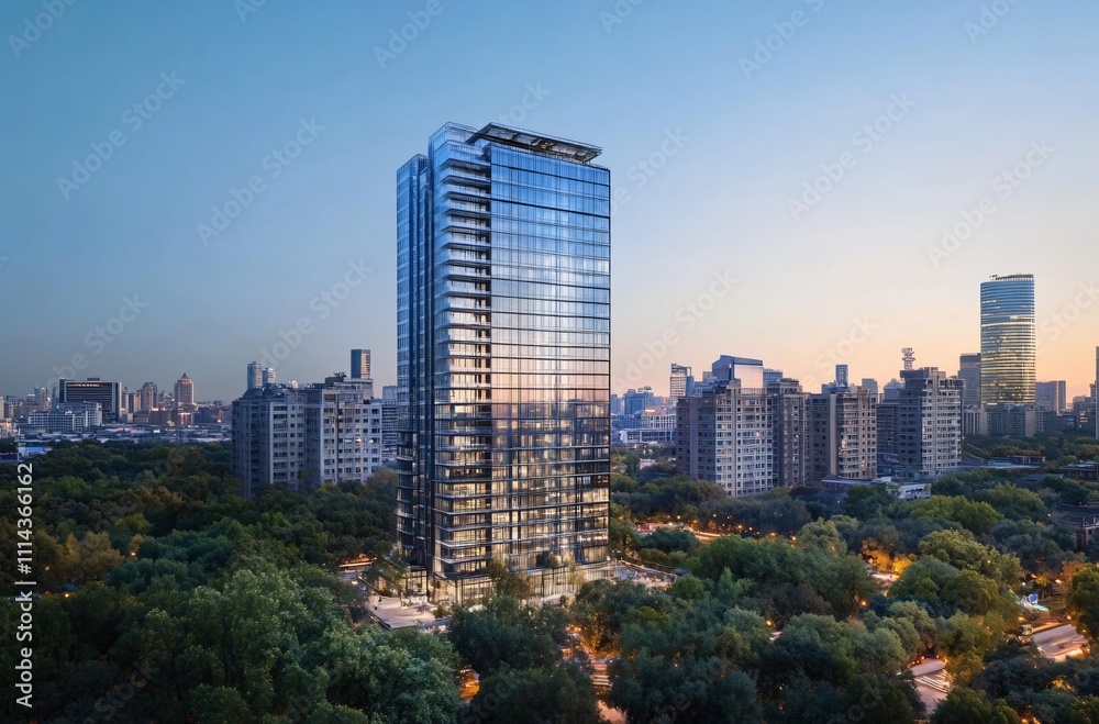 Fototapeta premium Aerial view of a city at night showcasing a solitary apartment building and office towers with illuminated facades, highlighting the vibrant real estate and commercial districts of the urban skyline.