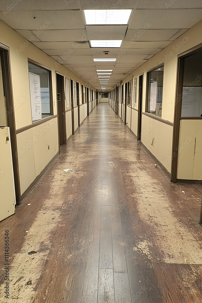 Obraz premium Long empty office corridor with dirty floor.