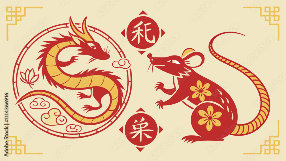 Chinese New Year banner with two Dragons, lunar astrology signs, symbol of the 2025 year, oriental New Year celebration poster in a flat graphics. Chinese New Year banner with two Dragons, lunar astrology signs, symbol of the 2025 year, oriental New Year celebration poster in a flat graphics.