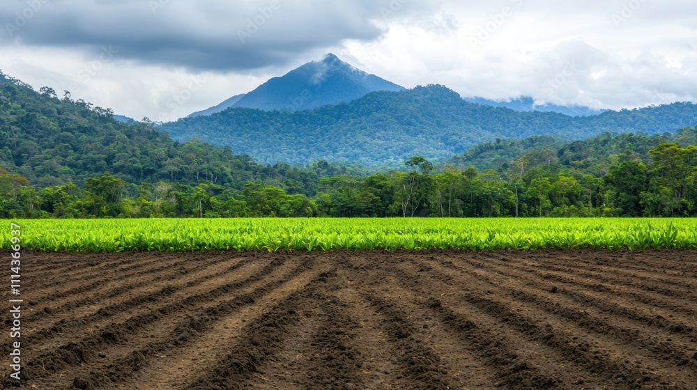 Cultivated land meeting lush forest symbolizing reforestation efforts Cultivated land meeting lush forest symbolizing reforestation efforts
