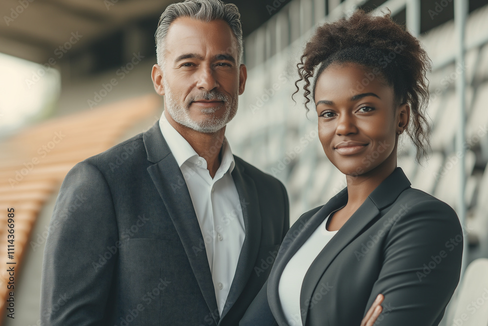 Professional couple in smart attire at a stadium during a sunny day. Generative AI Professional couple in smart attire at a stadium during a sunny day. Generative AI