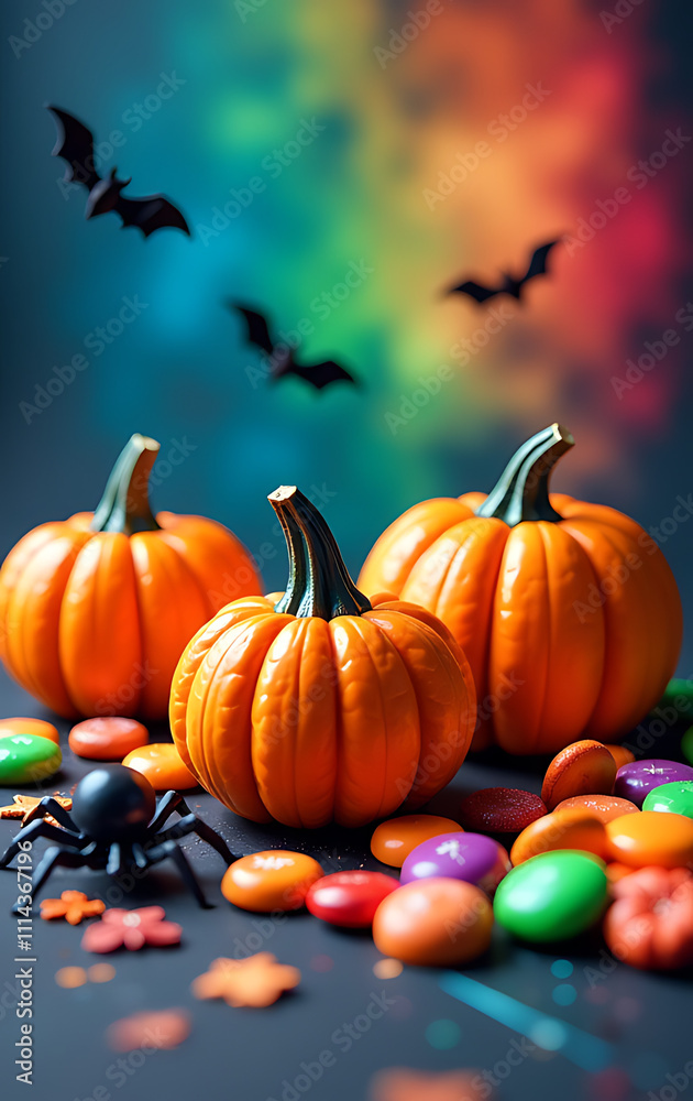 A spooky Halloween scene features colorful candies, pumpkins, and creepy spiders set against a bright and lively vibrant backdrop._00001_ A spooky Halloween scene features colorful candies, pumpkins, and creepy spiders set against a bright and lively vibrant backdrop._00001_