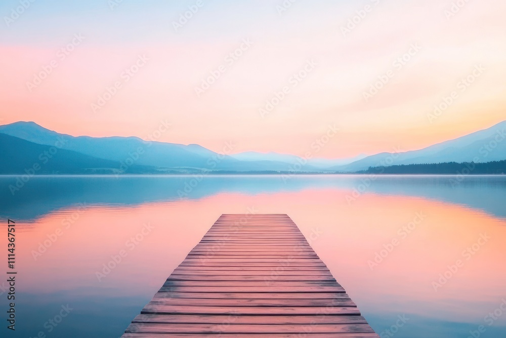 Wooden Dock Extending into Serene Mountain Lake at Sunrise