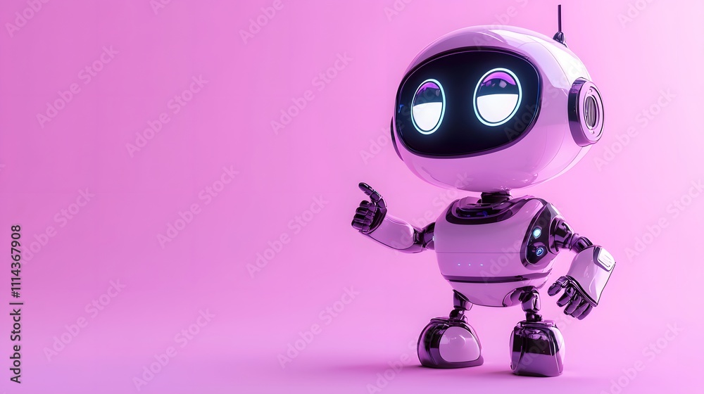 Tiny Purple Robot with Bright Eyes and Happy Expression Pointing to the Left, Gradient Soft Pink Background for Friendly Tech Visuals Tiny Purple Robot with Bright Eyes and Happy Expression Pointing to the Left, Gradient Soft Pink Background for Friendly Tech Visuals