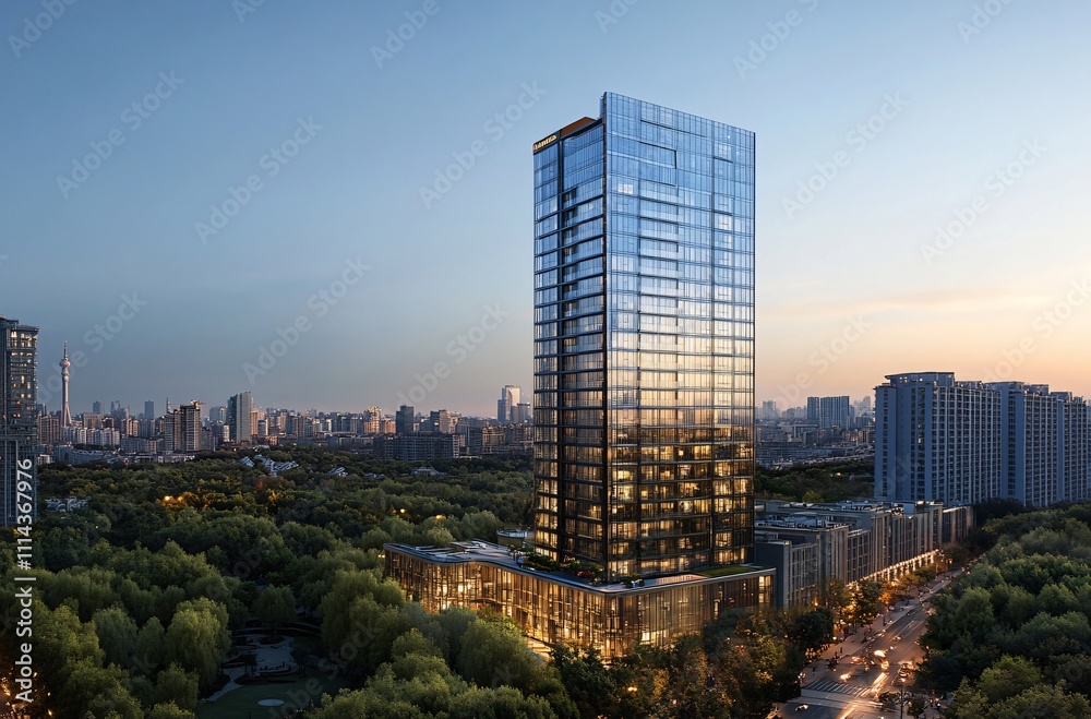 Obraz premium Aerial view of a city at night showcasing a solitary apartment building and office towers with illuminated facades, highlighting the vibrant real estate and commercial districts of the urban skyline.