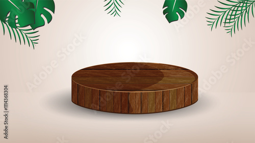 Wooden Podium shape for Display product, cosmetics with tropical leaves white background. product display presentation. studio room concept, woody floor, minimal wall scene. vector design