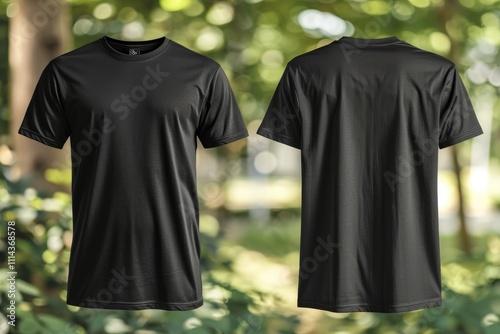 A black T-shirt hangs on a clothesline, with wind blowing through the fabric