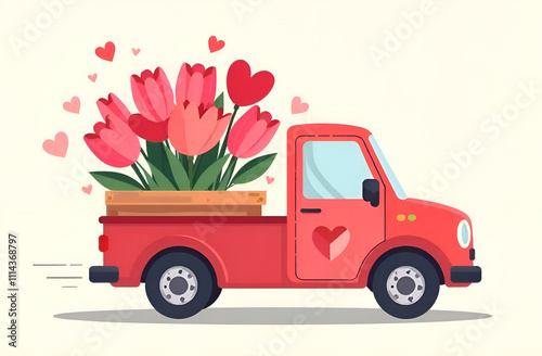 Delivery on Valentine's Day with a red truck full of flowers in flat style illustration