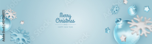 Happy New Year and Merry Christmas. Christmas holiday background with realistic 3d objects, bauble balls, conical metal stars. Levitation falling design composition.