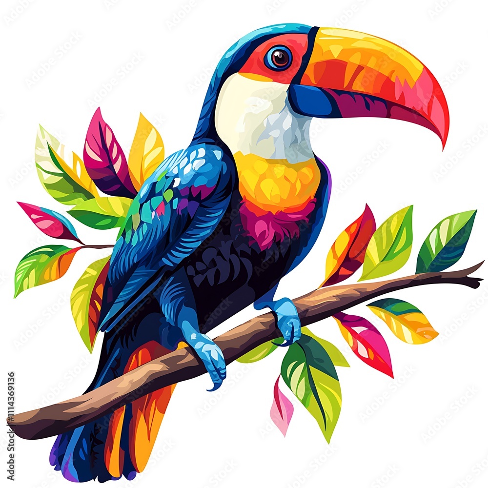 Obraz premium Vibrant Colorful Toucan Perched on a Branch with Vivid Tropical Leaves.