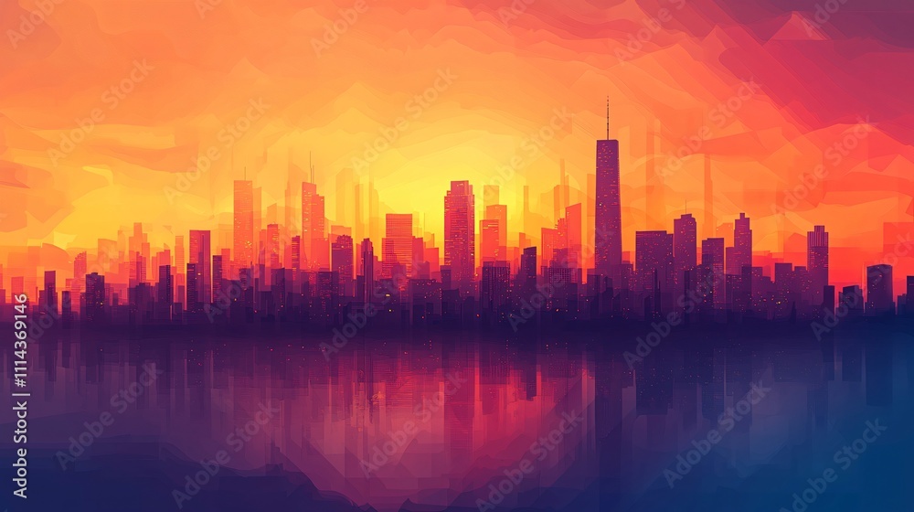 Fototapeta premium Vibrant minimalist cityscape silhouette at sunset showcasing beautiful hues and reflections
