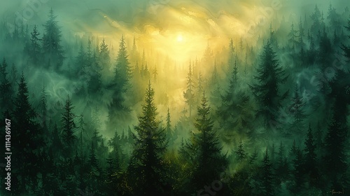 Forest Mist: A watercolor painting capturing a dense, misty forest at dawn. Gentle sunlight pierces through the fog, creating soft, golden beams that illuminate the lush greenery