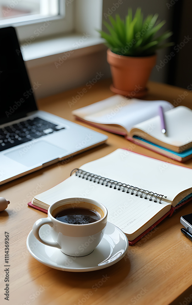 A multicolored notebook lies open on a cluttered, bright wooden table with office supplies and a steaming cup of coffee in the foreground._00001_ A multicolored notebook lies open on a cluttered, bright wooden table with office supplies and a steaming cup of coffee in the foreground._00001_