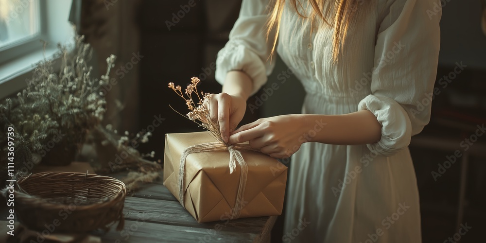 Obraz premium Close-up of a woman wrapping a gift in kraft paper with dried flowers, rustic and natural Valentine's Day theme, soft lighting, handmade and thoughtful gesture, selective focus
