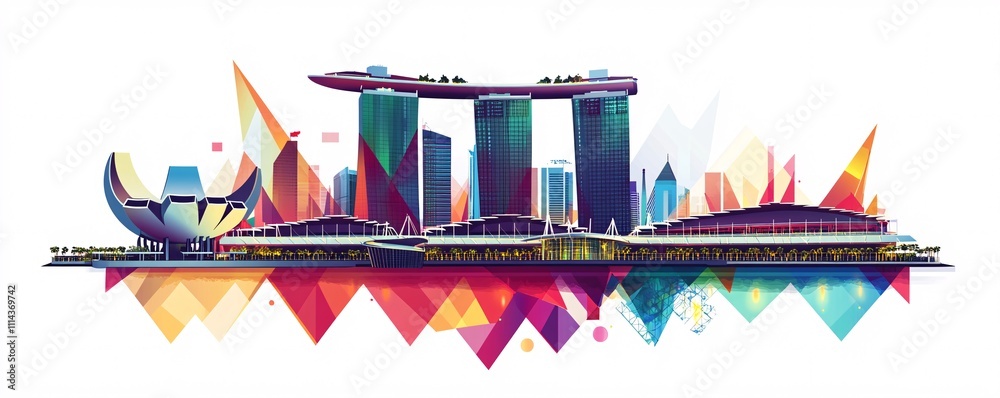 Obraz premium A stylized, geometric icon of Marina Bay Sands, using abstract triangles and lines to depict its towers and rooftop, with a clear, vibrant color palette