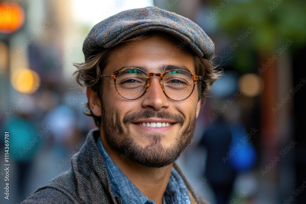 Fototapeta premium A happy man wearing glasses and a hat smiling directly into the camera