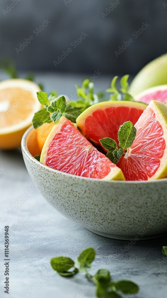 Fresh and vibrant grapefruit slices in a ceramic bowl, surrounded by sprigs of mint on a textured gray background, exuding a refreshing and healthy tropical fruit vibe. Fresh and vibrant grapefruit slices in a ceramic bowl, surrounded by sprigs of mint on a textured gray background, exuding a refreshing and healthy tropical fruit vibe.