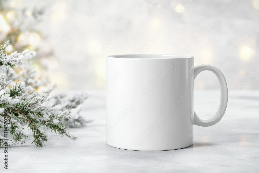 Blank white coffee mug on a marble table with festive holiday decor in the background