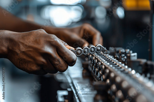 a mechanic adjusting a timing chain, chain links sharp photo