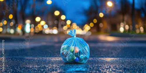 plastic grocery bag filled with colorful waste sits on wet street at night, illuminated by distant city lights, creating ghostly atmosphere