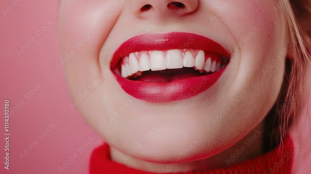 Obraz premium Woman, mouth and teeth in studio for oral health, dental care and orthodontics isolated on white background. Female person, smile and tooth whitening or hygiene, veneers and self care for wellness