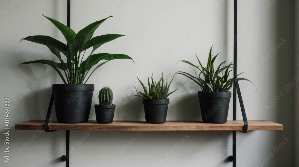 Fototapeta premium A shelf with plants, minimalist design, contrasting black and green