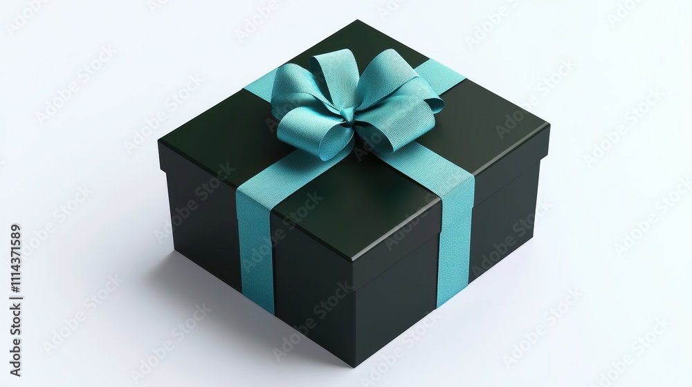 Elegant dark green gift box with blue ribbon top view minimalist style Elegant dark green gift box with blue ribbon top view minimalist style