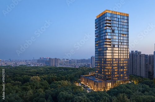 Wallpaper Mural Aerial view of a city at night showcasing a solitary apartment building and office towers with illuminated facades, highlighting the vibrant real estate and commercial districts of the urban skyline. Torontodigital.ca