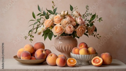 Elegant Floral and Fruit Composition in Soft Peach and Blush Tones for Decorative Display