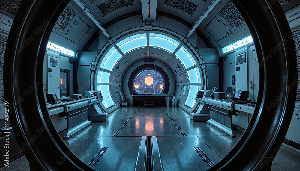 Fototapeta premium Futuristic sci-fi room with glowing details, high-tech design, ideal for concept art, copy space
