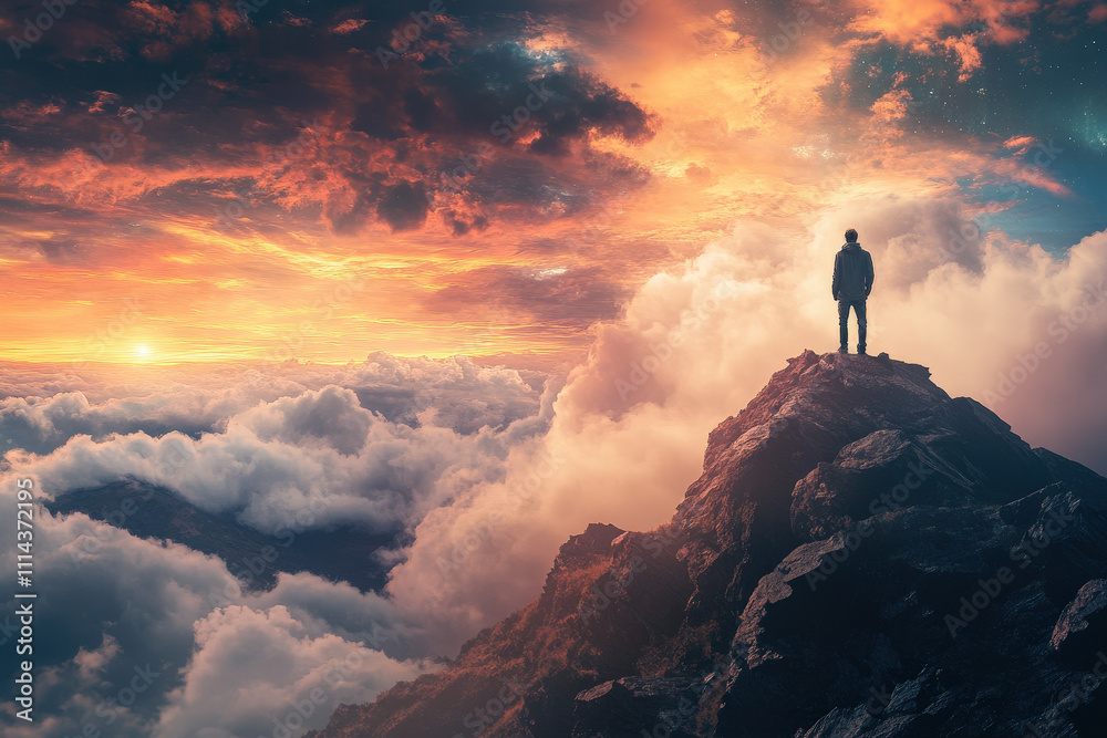Adventurer Standing Above Radiant Sunrise Clouds Adventurer Standing Above Radiant Sunrise Clouds