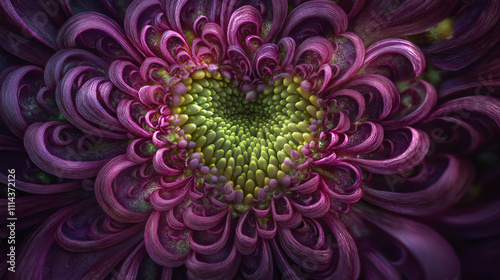 Close-up of a vibrant purple chrysanthemum with a green heart-shaped center, concept of nature’s intricate beauty and floral elegance.