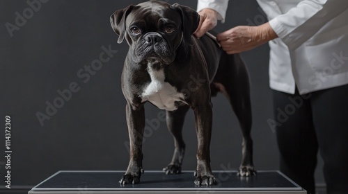 Veterinarian examining a boxer dog on table