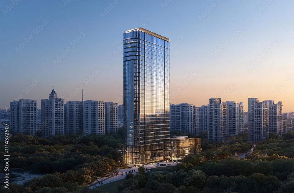 Fototapeta premium Aerial view of a city at night showcasing a solitary apartment building and office towers with illuminated facades, highlighting the vibrant real estate and commercial districts of the urban skyline.