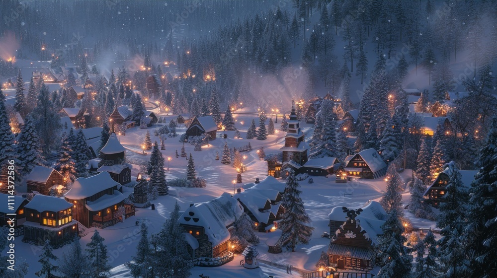 Fototapeta premium Traditional village surrounded by snow-covered pine trees, softly illuminated at dusk