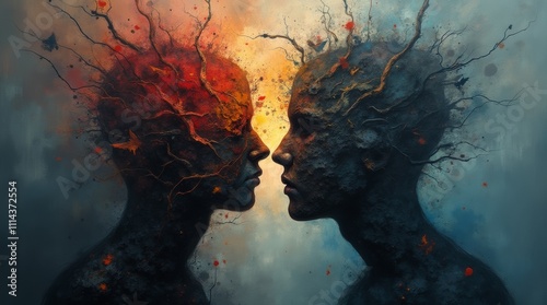 representation of depression symptoms using dark colors and fragmented shapes, symbolizing the complexity and turmoil of mental health struggles. The artwork evokes a sense of confusion and distress