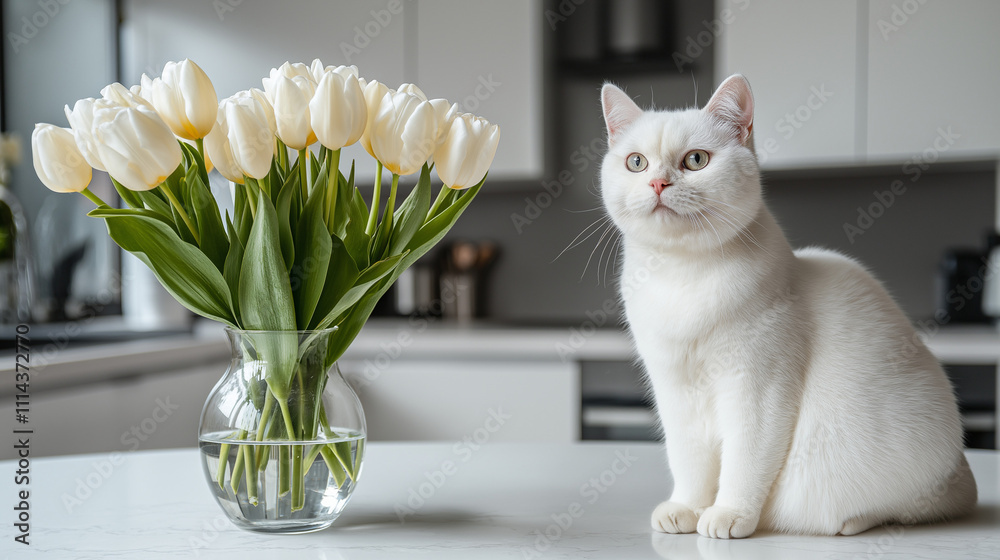 White British shorthair cat sitting near a vase of white tulips on a modern kitchen counter, concept of elegance and cozy home decor.