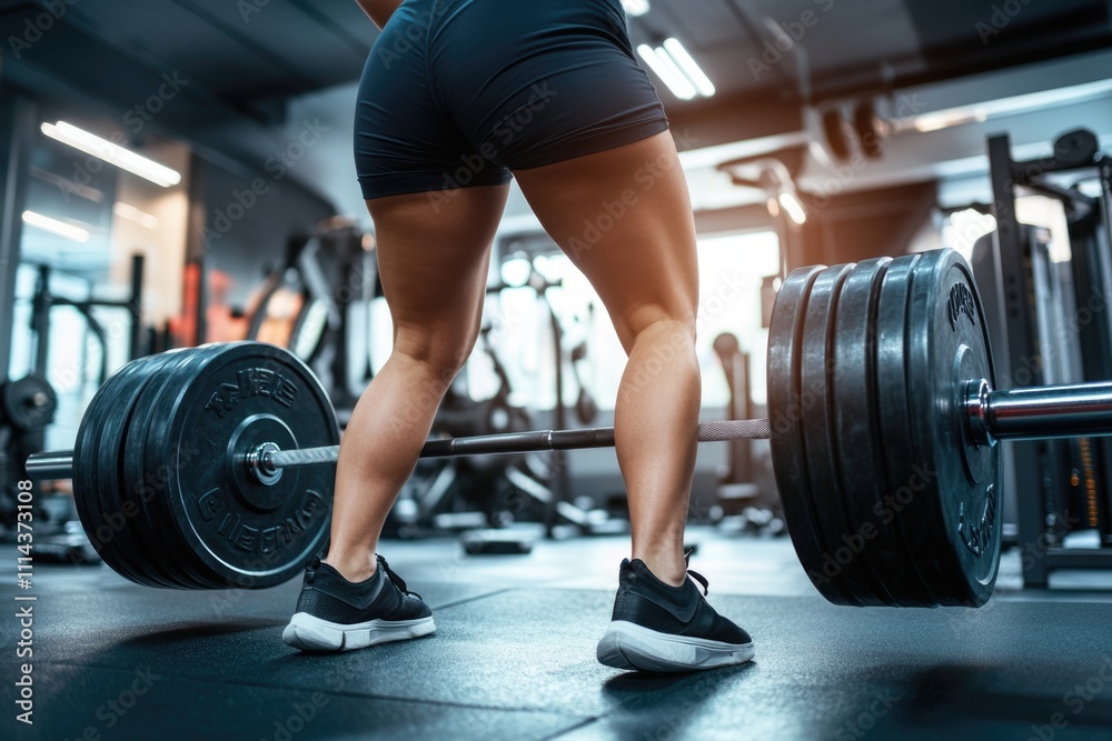 A woman lifts a barbell in a gym setting, focusing on her workout A woman lifts a barbell in a gym setting, focusing on her workout