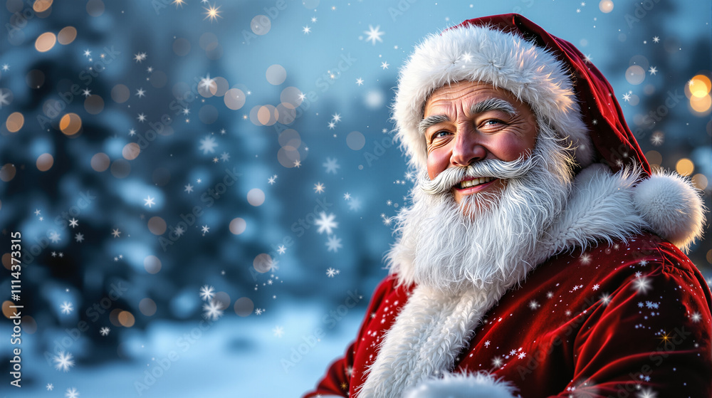 Cheerful Santa Claus in a Snowy Winter Wonderland, Surrounded by Sparkling Christmas Lights and Festive Trees, Bringing Holiday Joy and Magic to the Season Cheerful Santa Claus in a Snowy Winter Wonderland, Surrounded by Sparkling Christmas Lights and Festive Trees, Bringing Holiday Joy and Magic to the Season