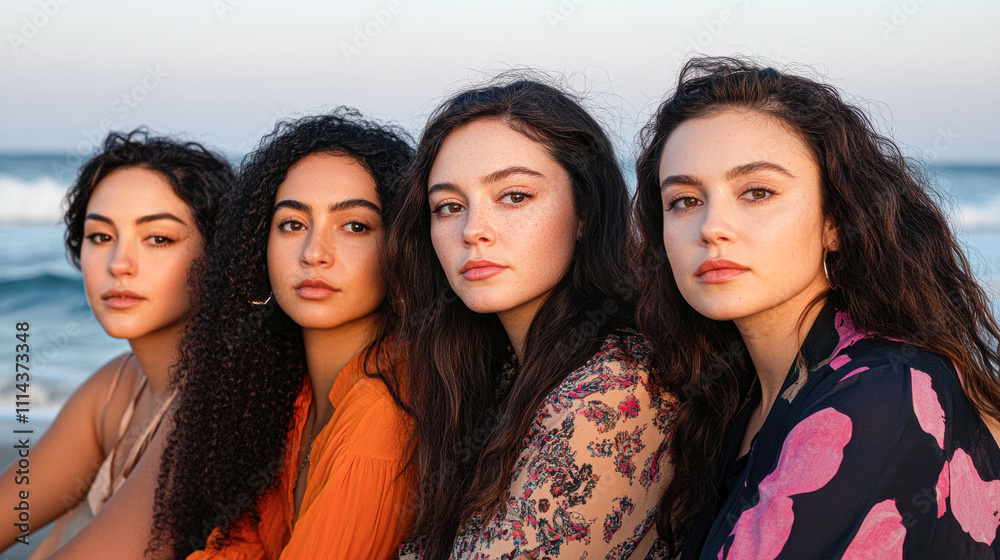 Fototapeta premium Four women with long hair are sitting on the beach, posing for a picture