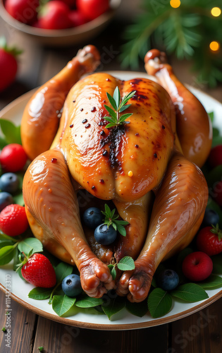 A deliciously roasted turkey adorned with fresh fruits and herbs is perfect for holiday celebrations like Christmas or Thanksgiving._00001_