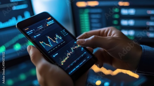 Chart analysis on smartphone in a modern trading environment with multiple displays showing market data