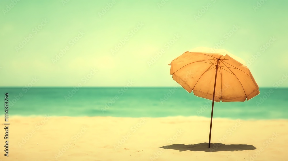 A serene beach scene with a lone orange umbrella standing against a calm turquoise sea and sandy shore. A serene beach scene with a lone orange umbrella standing against a calm turquoise sea and sandy shore.